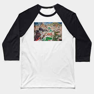 Dinosaur BBQ Mural Baseball T-Shirt